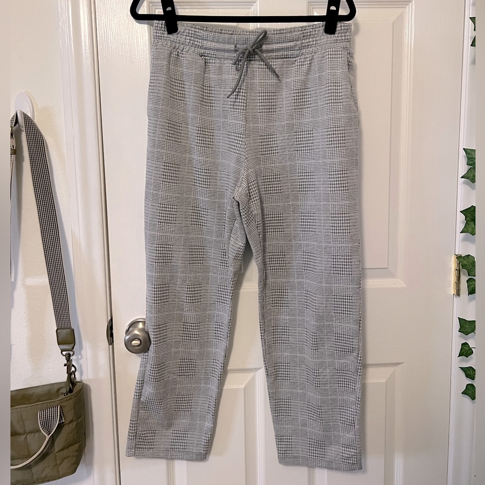 A New Day Drawstring Pull-On Ankle Work Pants Light Grey Houndstooth